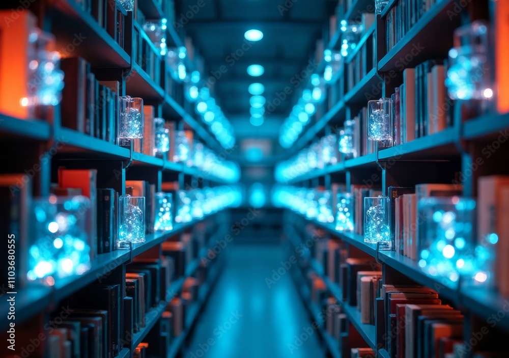 Fototapeta premium Rows of illuminated bookshelves create a serene atmosphere in a library at night