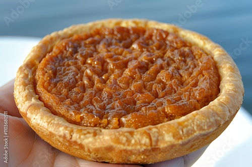 A close-up of a caramelized pie dessert held in a hand.