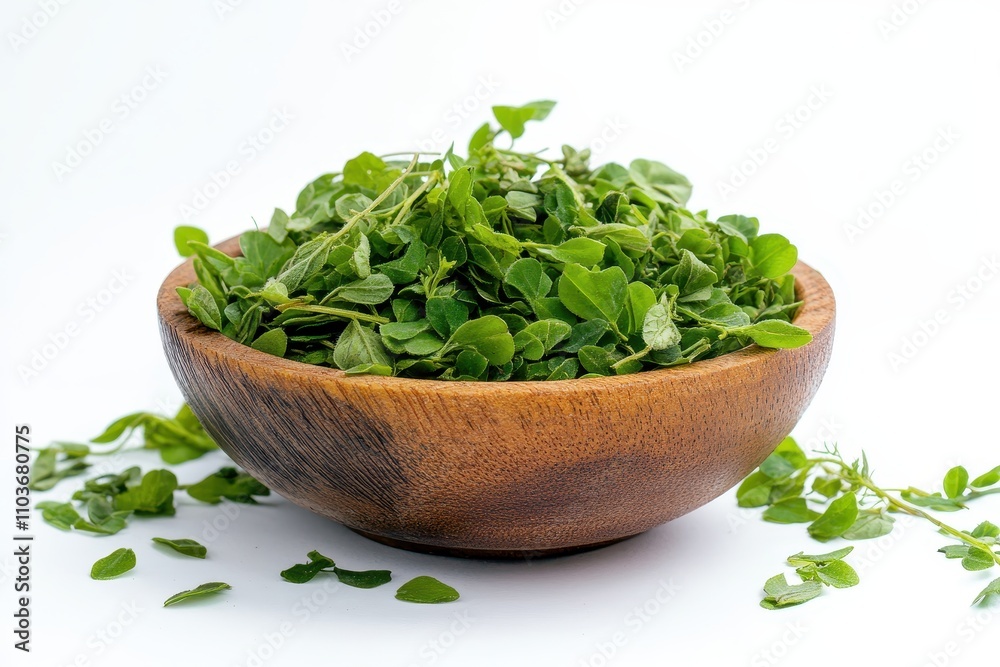 Fresh fenugreek leaves from a garden for curry against a white backdrop Fresh fenugreek leaves from a garden for curry against a white backdrop