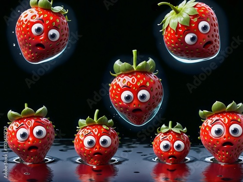 Funny strawberries with extreme fear of water - aquaphobia.  photo