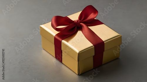 Gold gift box with red ribbon bow.die cut