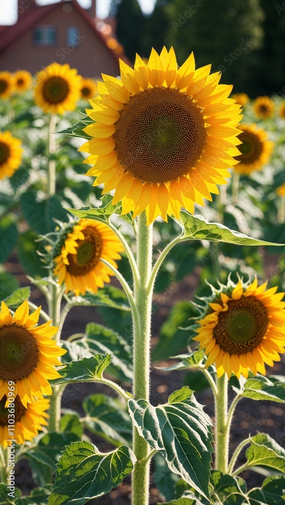 Fototapeta premium Sunflower Annual plant with tall stems and large yellow flowers that turn towards the sun