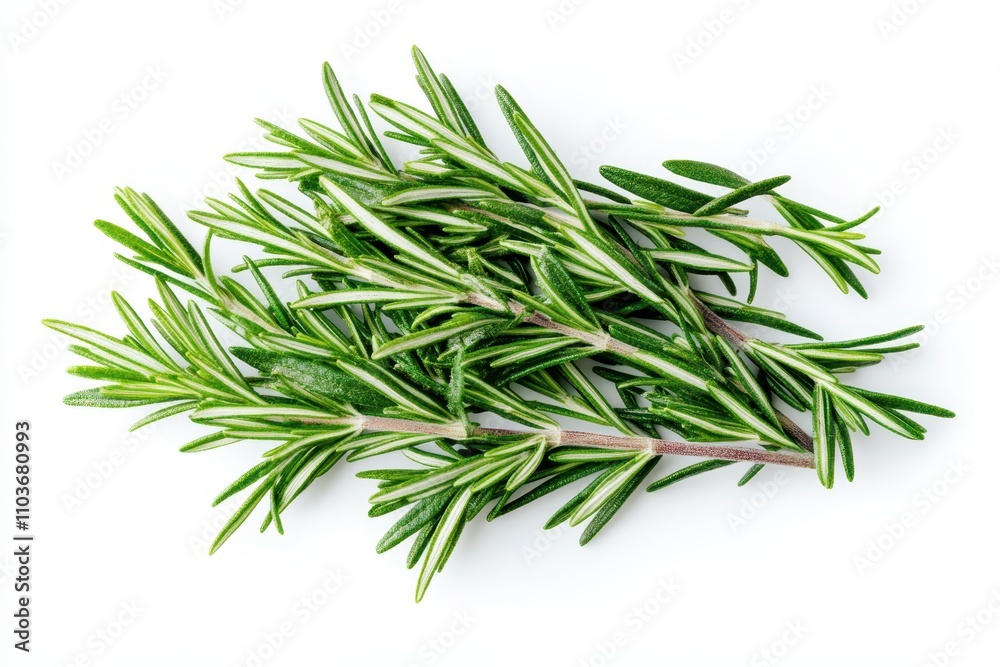 Fresh green rosemary on white background overhead view Fragrant herb