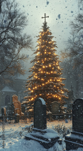 lluminated Christmas Tree in Snowy Cemetery photo