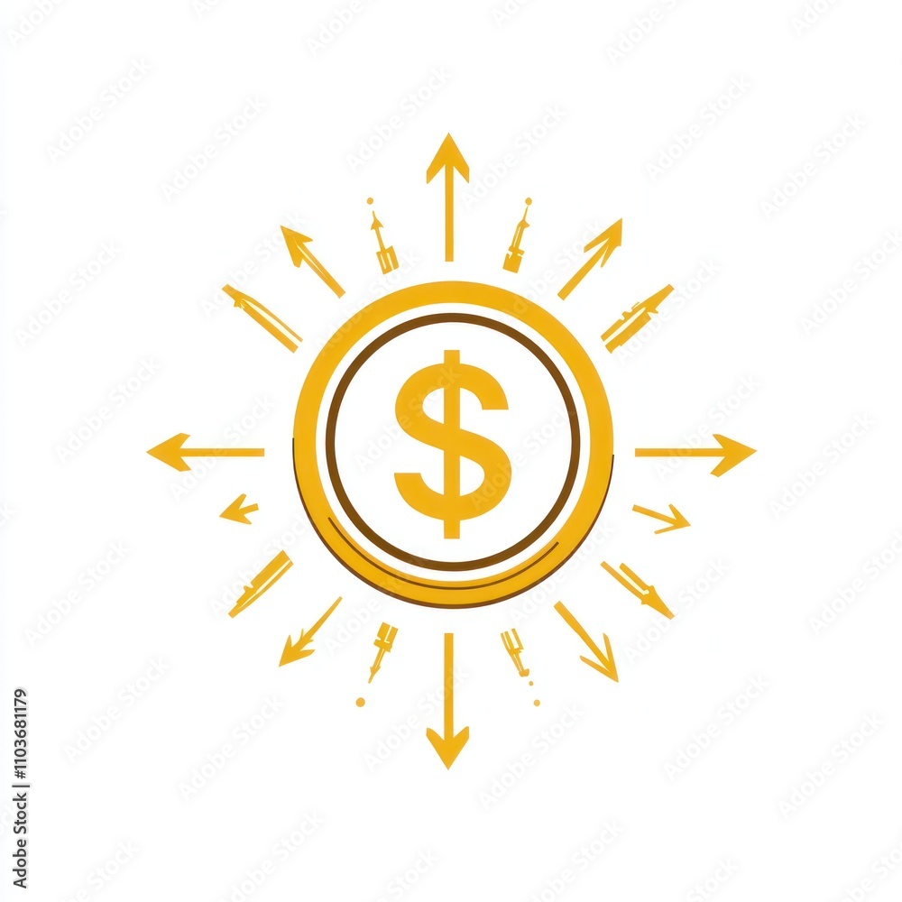 Here's a and keyword list for your image.. Gold coin with dollar sign and arrows pointing in and out, symbolizing financial flow. Here's a and keyword list for your image.. Gold coin with dollar sign and arrows pointing in and out, symbolizing financial flow.