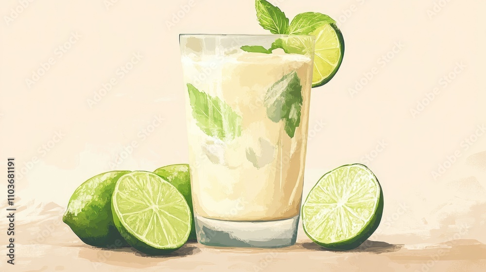 Creamy lemonade garnished with fresh lime slices and mint leaves, set against a soft neutral background. Creamy lemonade garnished with fresh lime slices and mint leaves, set against a soft neutral background.