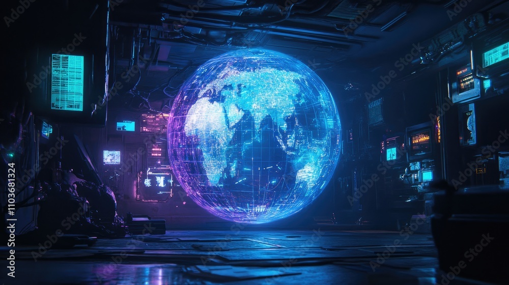 A holographic globe projected in a dark room, surrounded by abstract floating UI elements; cybernetic theme, blue and purple lights, high detail A holographic globe projected in a dark room, surrounded by abstract floating UI elements; cybernetic theme, blue and purple lights, high detail