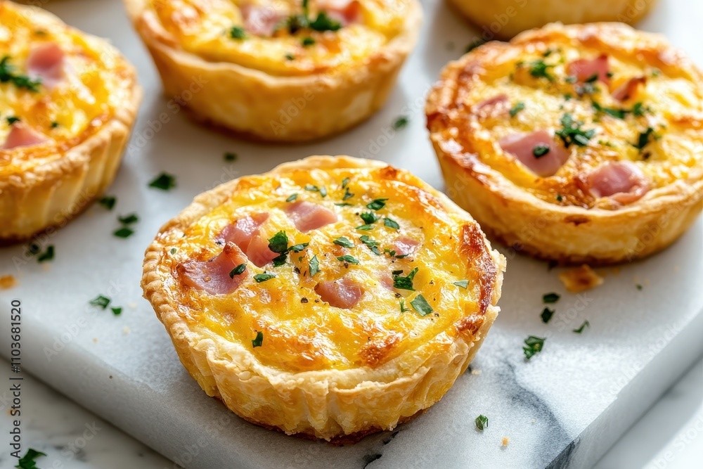 Freshly baked mini ham and cheese quiches on a marble board ready to enjoy Freshly baked mini ham and cheese quiches on a marble board ready to enjoy