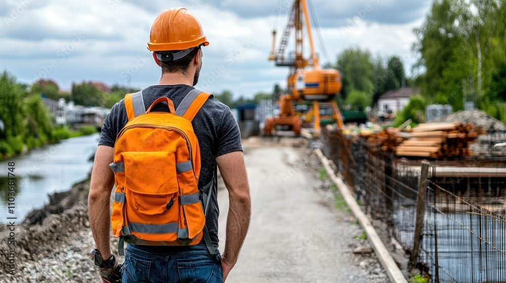 Construction worker observing heavy machinery urban site action shot outdoor setting perspective on industry challenges Construction worker observing heavy machinery urban site action shot outdoor setting perspective on industry challenges