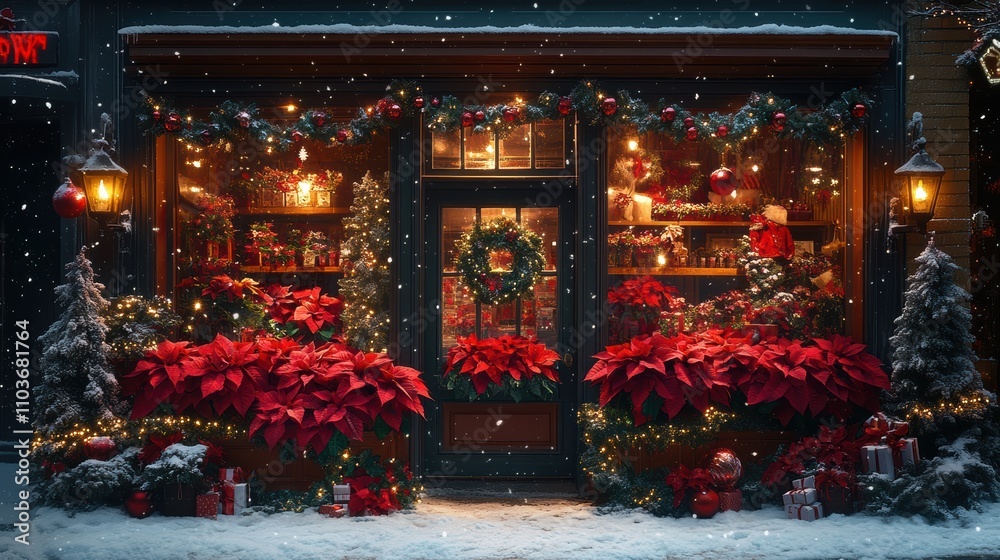 Obraz premium Holiday flower shop display with poinsettias and pine wreaths