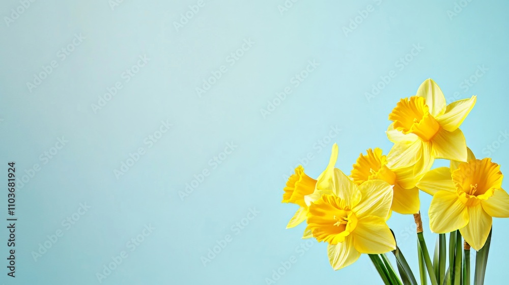Fototapeta premium A bouquet of vibrant yellow daffodils on a pale sky blue background, close-up shot, Minimalist style