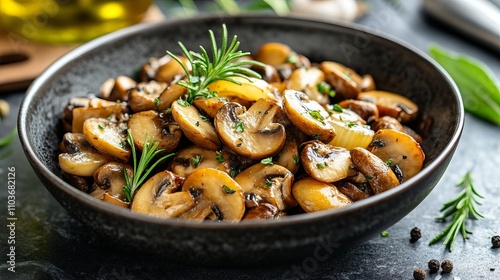 A savory dish of sautéed mushrooms garnished with rosemary and herbs, perfectly arranged in a ceramic bowl, showcases the earthy flavors and fresh culinary appeal.