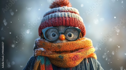 Snowy scene featuring a whimsical character bundled in colorful scarves, a knitted hat, and oversized glasses, exuding a humorous winter charm.