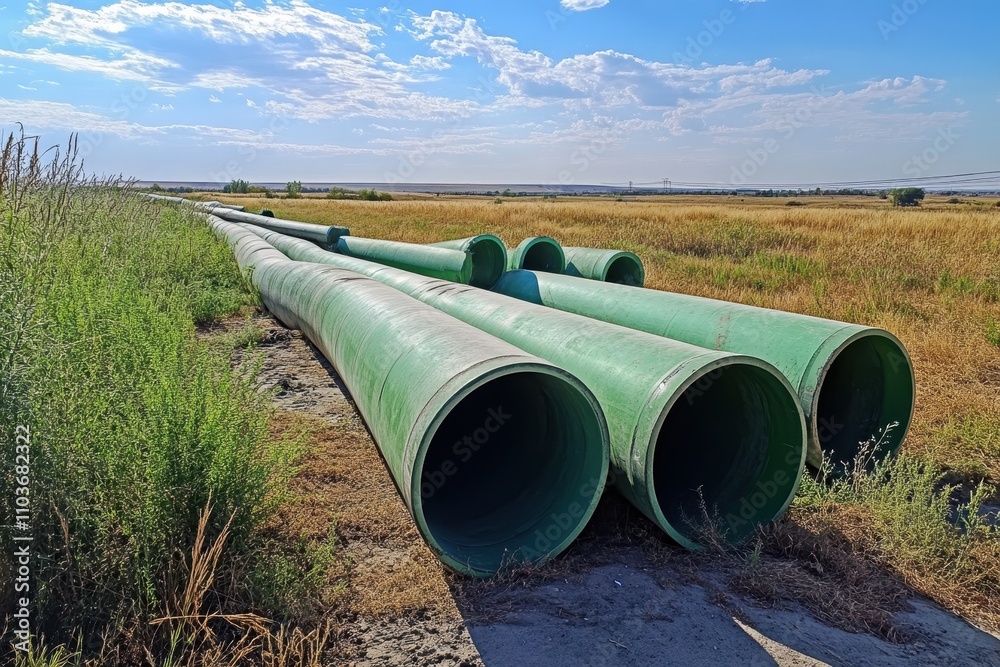 FRP GRP pipes await installation on site FRP GRP pipes await installation on site