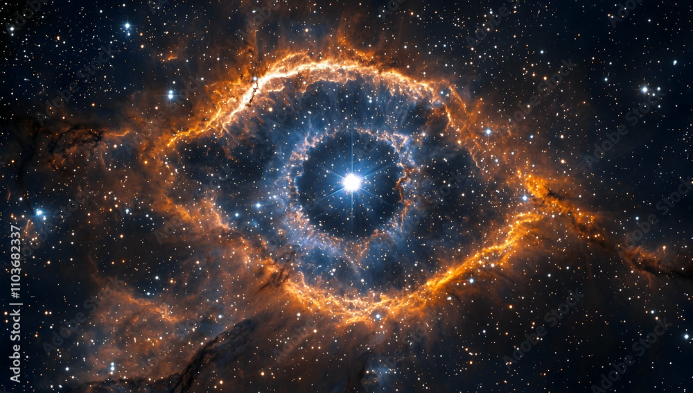 The Eye of God, a huge nebula in the shape of an eye floating among stars. The Helix Nebula, a double ring with bright blue The Eye of God, a huge nebula in the shape of an eye floating among stars. The Helix Nebula, a double ring with bright blue