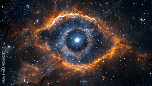 The Eye of God, a huge nebula in the shape of an eye floating among stars. The Helix Nebula, a double ring with bright blue