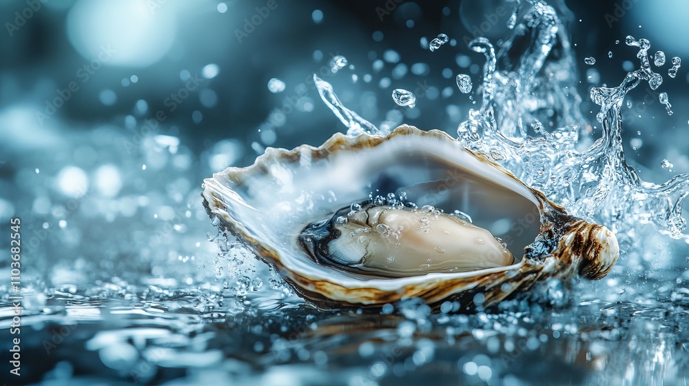 An oyster shell is open, revealing a pearl as water droplets splash around it, capturing a moment of dynamic and refreshing marine beauty underwater. An oyster shell is open, revealing a pearl as water droplets splash around it, capturing a moment of dynamic and refreshing marine beauty underwater.
