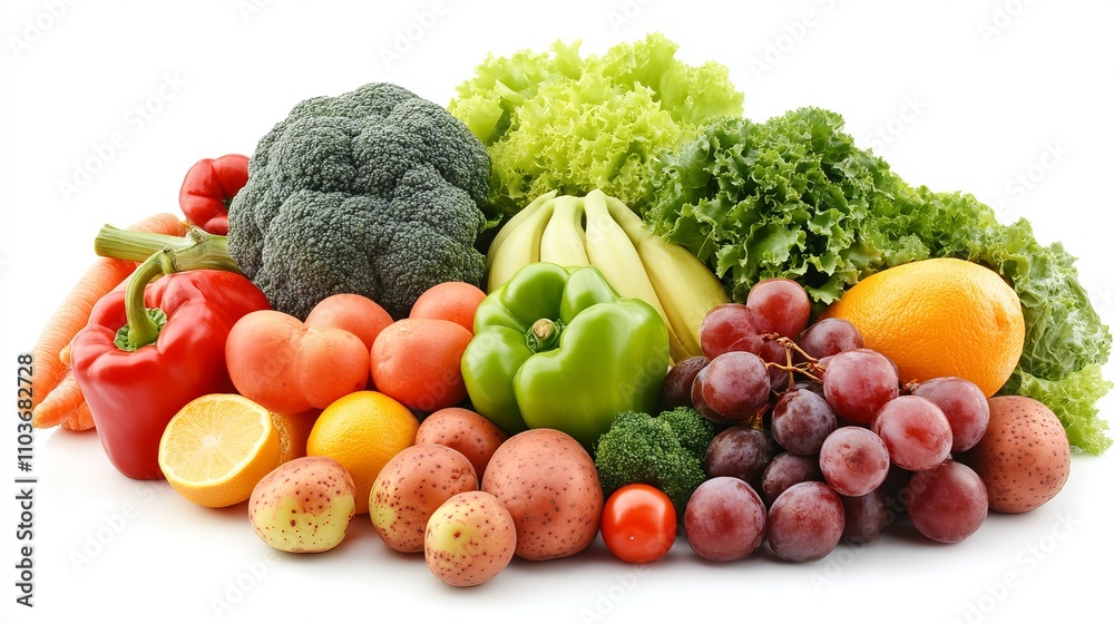 A lush assortment of fresh fruits and vegetables is artistically arranged on a white background, highlighting the vivid colors and natural textures of the produce. A lush assortment of fresh fruits and vegetables is artistically arranged on a white background, highlighting the vivid colors and natural textures of the produce.