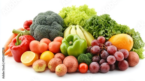 A lush assortment of fresh fruits and vegetables is artistically arranged on a white background, highlighting the vivid colors and natural textures of the produce.