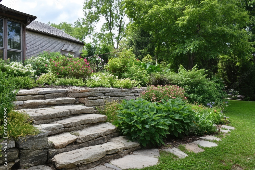 Garden steps and retaining wall made of natural stone Garden steps and retaining wall made of natural stone