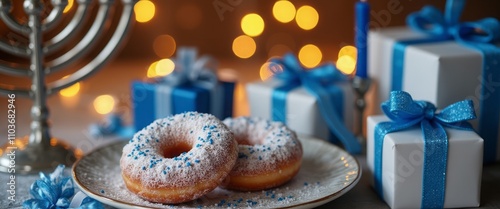 A beautifully arranged scene features two frosted donuts adorned with blue sprinkles, resting on an elegant plate surrounded by shimmering holiday gifts and a glowing menorah. The warm bokeh lights in photo