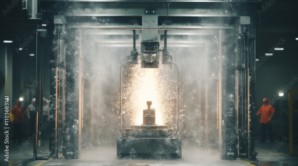 Industrial manufacturing process showing glowing metal being cast while sparks and dust fill the air in a busy factory setting with workers observing safety protocols Industrial manufacturing process showing glowing metal being cast while sparks and dust fill the air in a busy factory setting with workers observing safety protocols