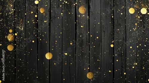 Festive golden and yellow bokeh sparkles on a rustic black wooden background, perfect for holiday and celebration banner designs.