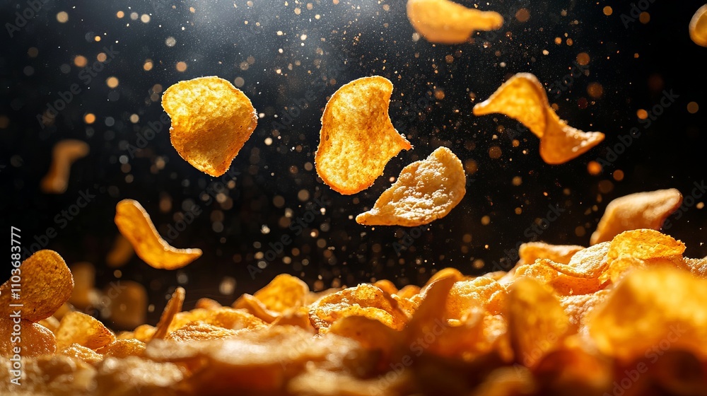An explosion of flavor is depicted as crispy potato chips fall gracefully in mid-air, casting a dynamic energy amid a flurry of seasoning against a dark background. An explosion of flavor is depicted as crispy potato chips fall gracefully in mid-air, casting a dynamic energy amid a flurry of seasoning against a dark background.