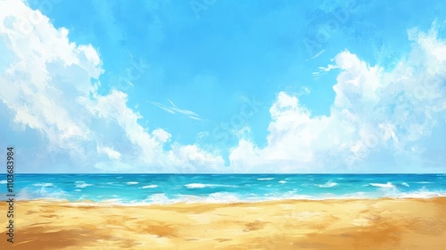 Sunny beach landscape with golden sands, a clear turquoise ocean, and fluffy white clouds under a bright blue sky, evoking a serene summer vibe.