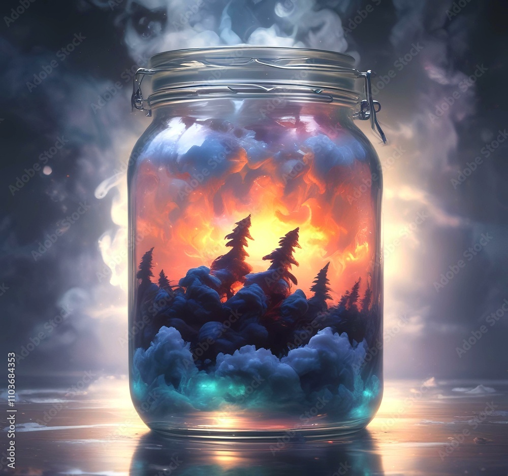 Illustration of dramatic magic smoke in glass jar. Illustration of dramatic magic smoke in glass jar.