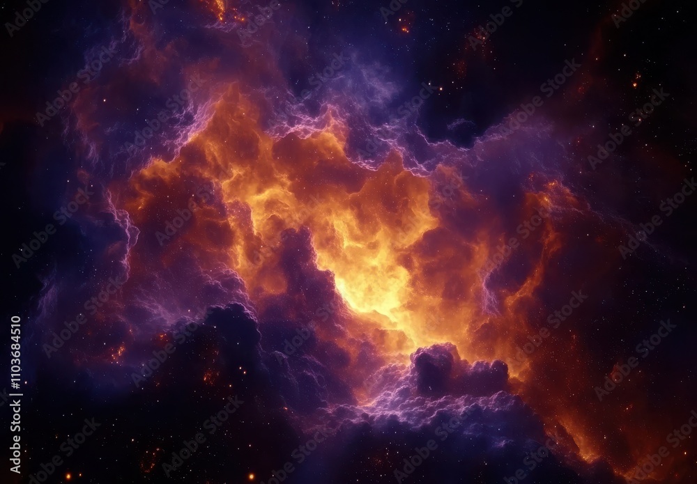 Naklejka premium Dramatic Cosmic Clouds Illuminated by Fiery Nebulae in a Vast and Colorful Universe with Stars and Interstellar Gas in Stunning Detail