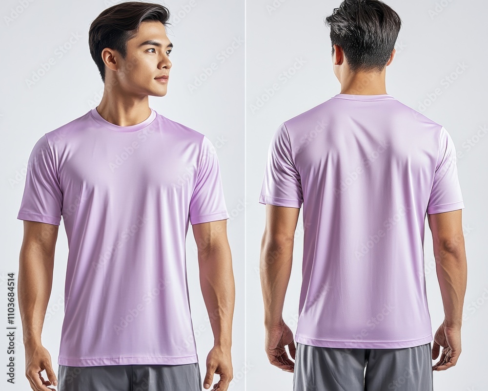 Young Man Modeling Lightweight Purple Athletic Shirt from Multiple Angles, Showcasing Modern Fit and Stylish Design for Sports or Casual Wear