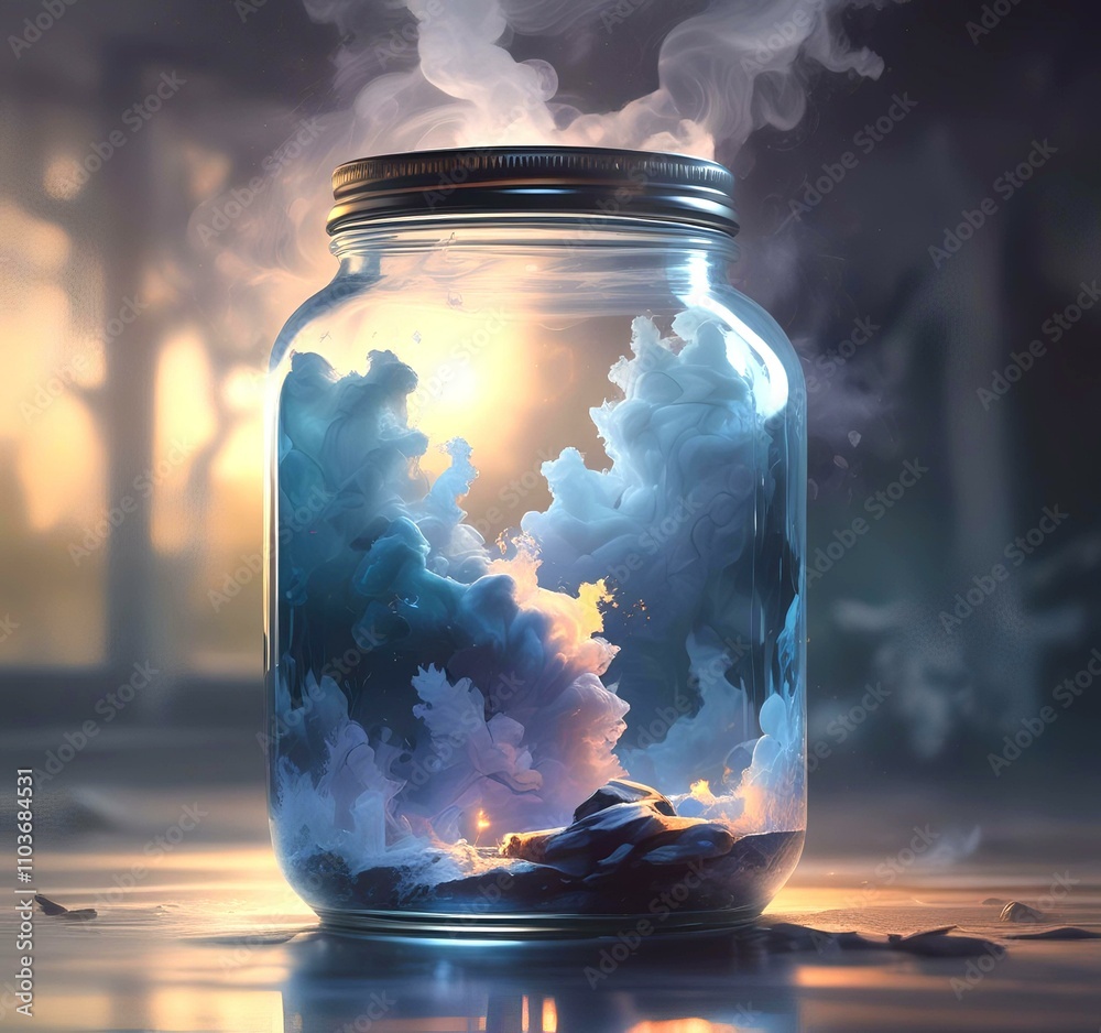 Illustration of dramatic magic smoke in glass jar. Illustration of dramatic magic smoke in glass jar.