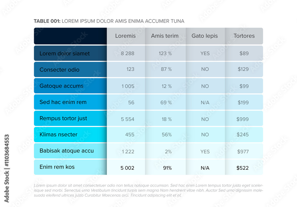Simple stylized blue color data table layout template with semi transparent effect
