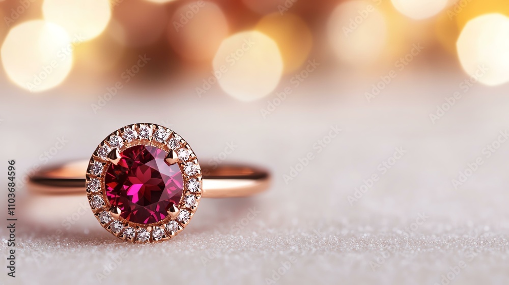 Luxurious Christmas Elegant ruby ring with sparkling diamonds on a soft background.