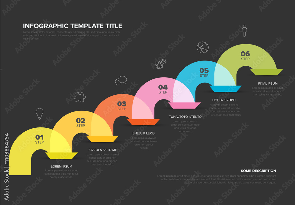 Six overlay jump steps infographic template with icons and descriptions on dark background