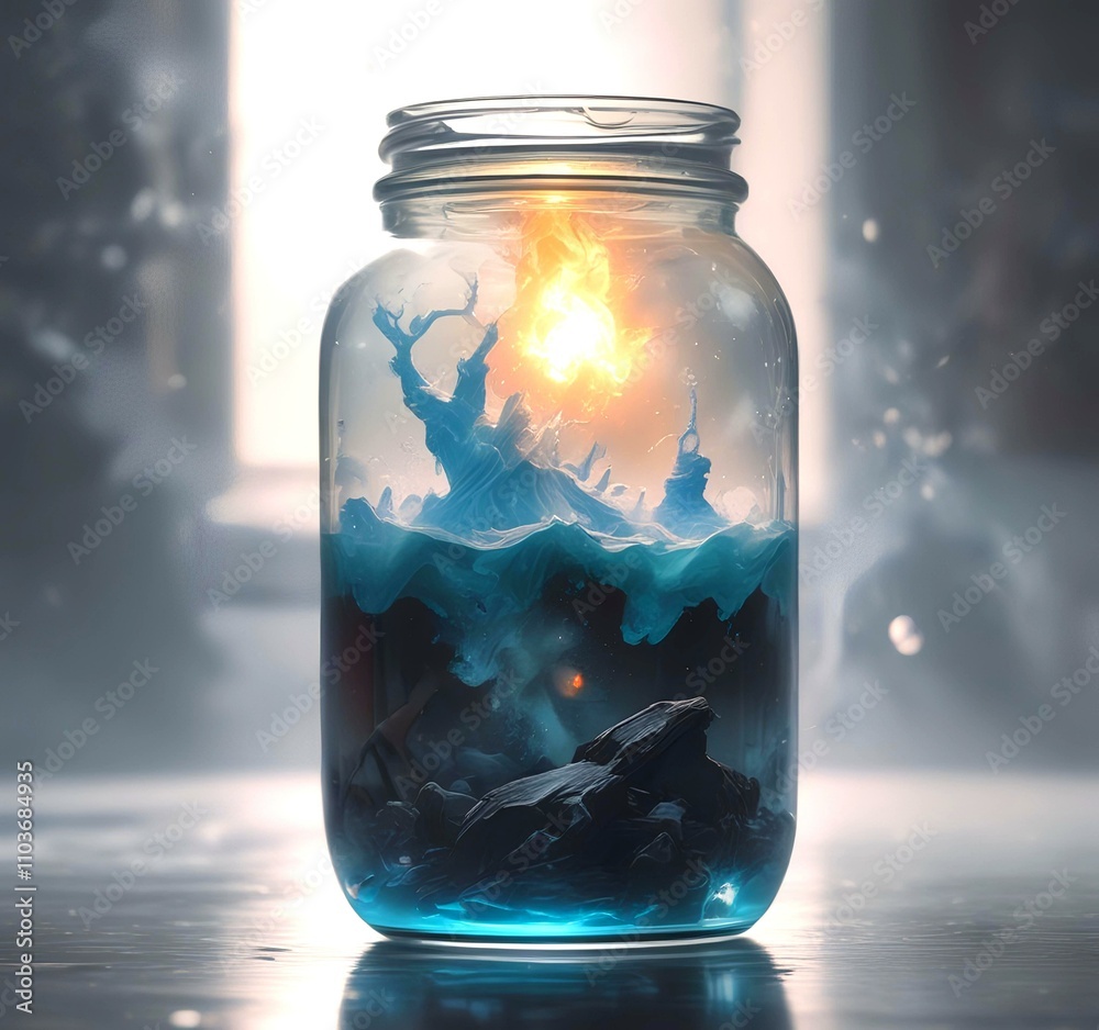 Illustration of dramatic magic smoke in glass jar.