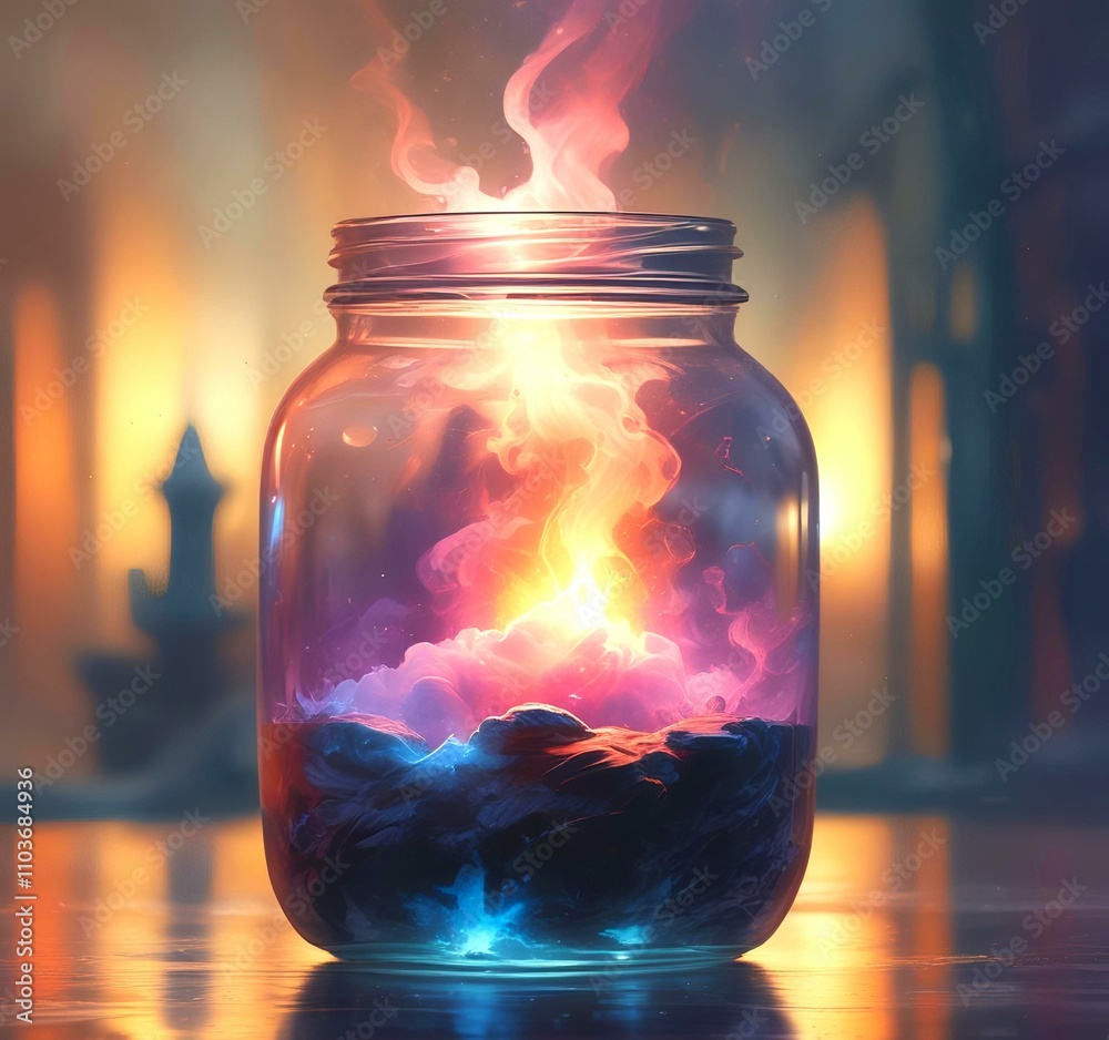 Illustration of dramatic magic smoke in glass jar. Illustration of dramatic magic smoke in glass jar.