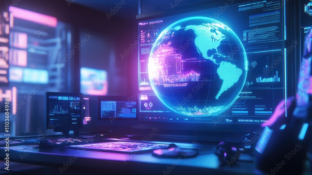 A holographic interface showing a spinning globe with data streams and analytics; hyper-realistic, bright neon blue, immersive design A holographic interface showing a spinning globe with data streams and analytics; hyper-realistic, bright neon blue, immersive design