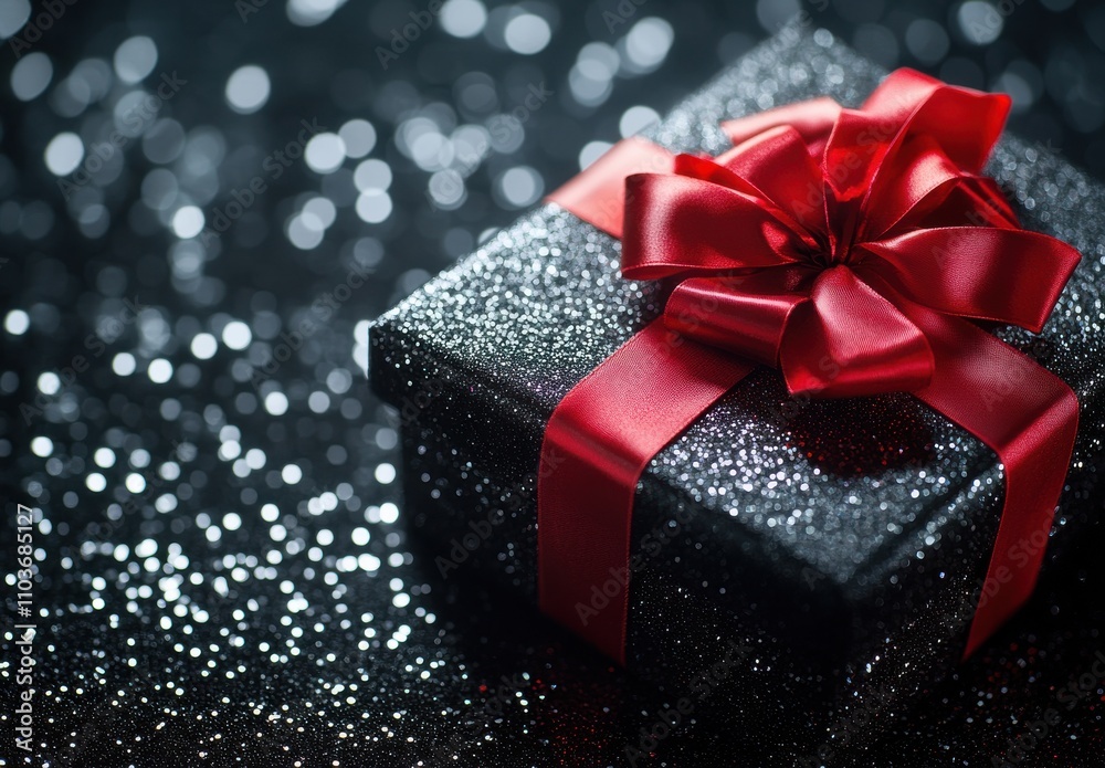 Elegant Black Gift Box with Red Satin Bow on Glittering Background, Perfect for Celebrations, Holidays, and Special Occasions in a Bright and Festive Atmosphere