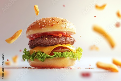 Tasty cheeseburger with falling french fries and seasoning photo