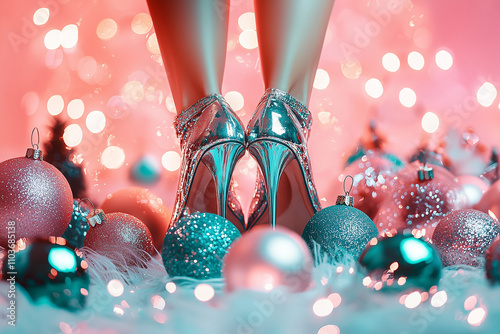 Female ankles and feet in stylish elegant shoes. High silver heels standing, Christmas background with baubles and lights. Minimal creative concept of Christmas and New Year fun party and celebration.