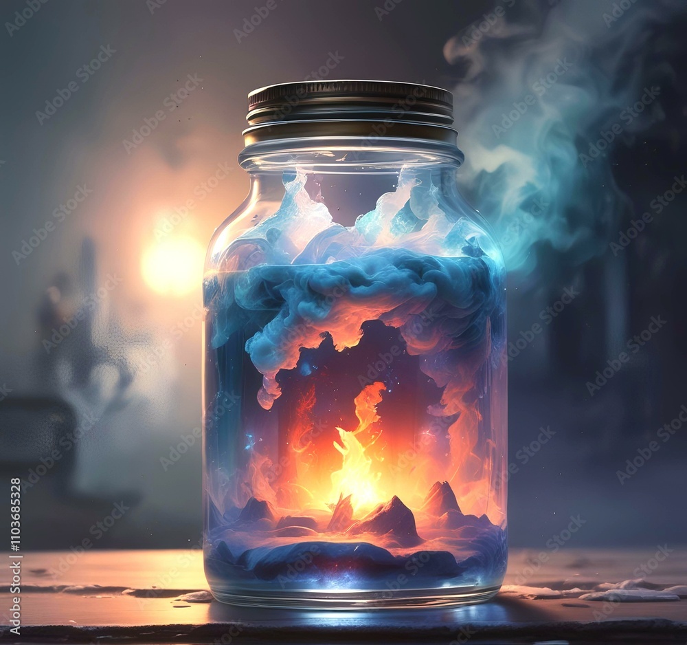 Illustration of dramatic magic smoke in glass jar. Illustration of dramatic magic smoke in glass jar.