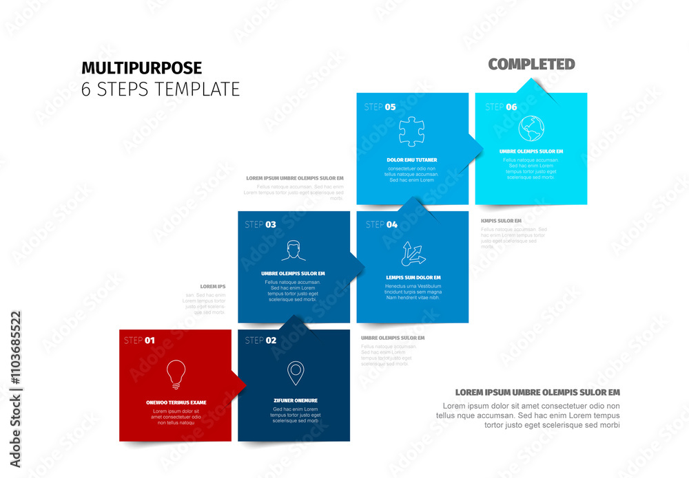 Light six steps process progress infographic template made from squares and arrows