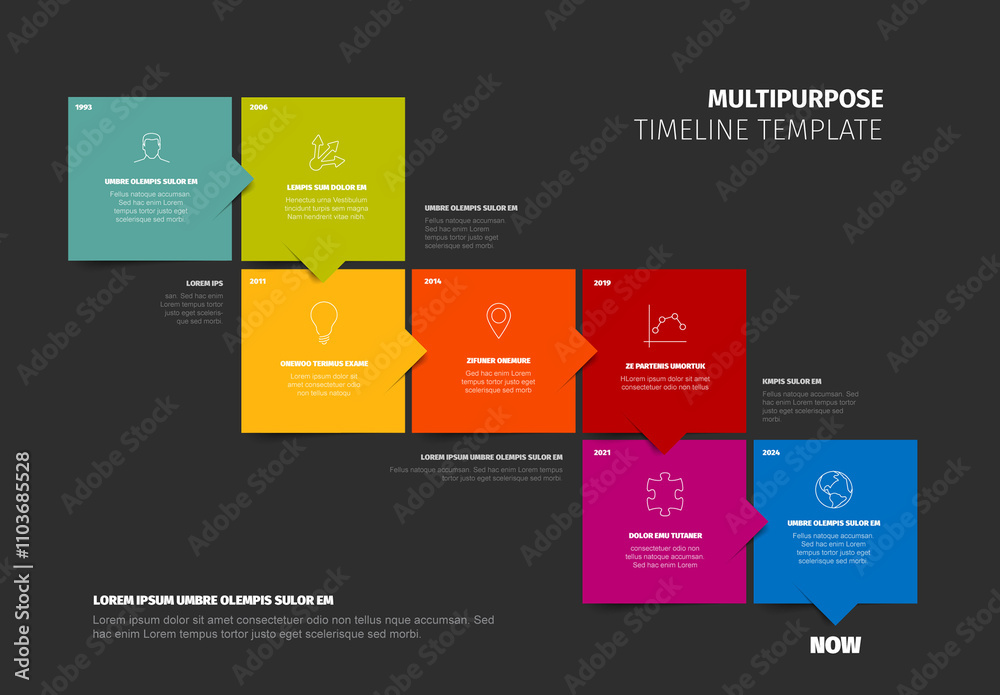 Dark Timeline template made from seven content color boxes with arrows