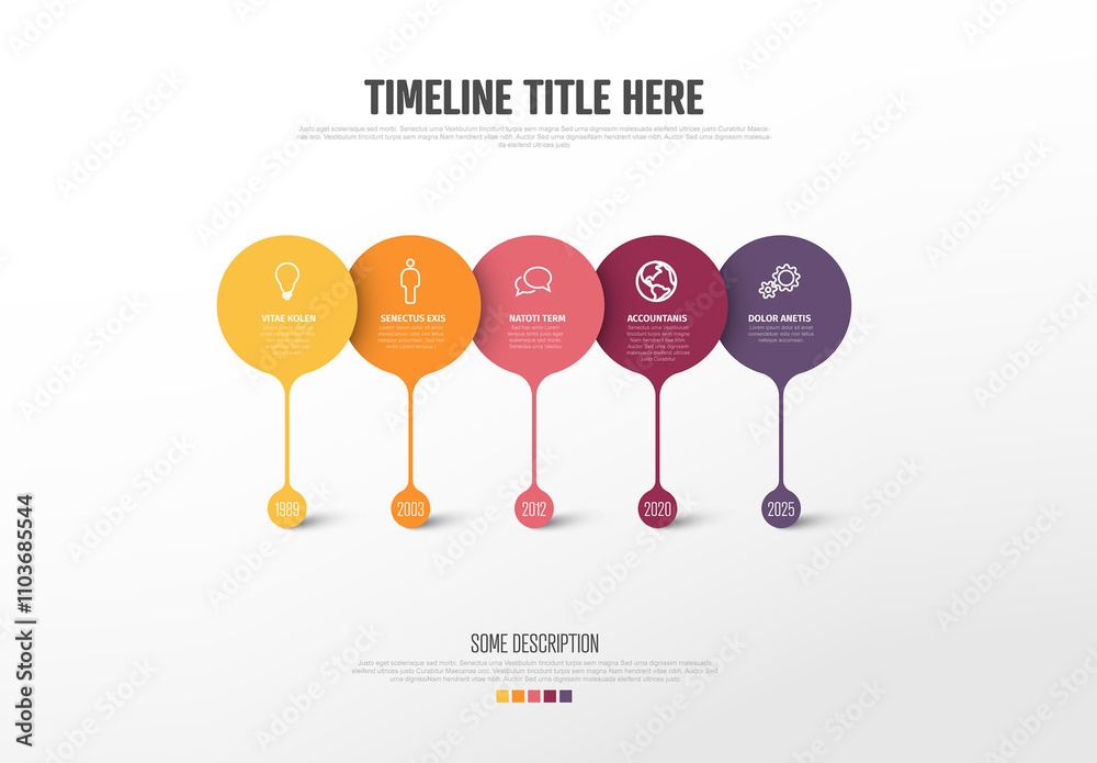 Creative timeline template with five red droplets pointers in one line