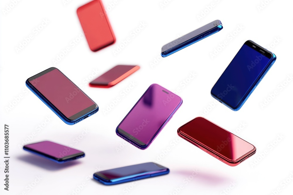 Many colorful smartphones falling on white background Many colorful smartphones falling on white background