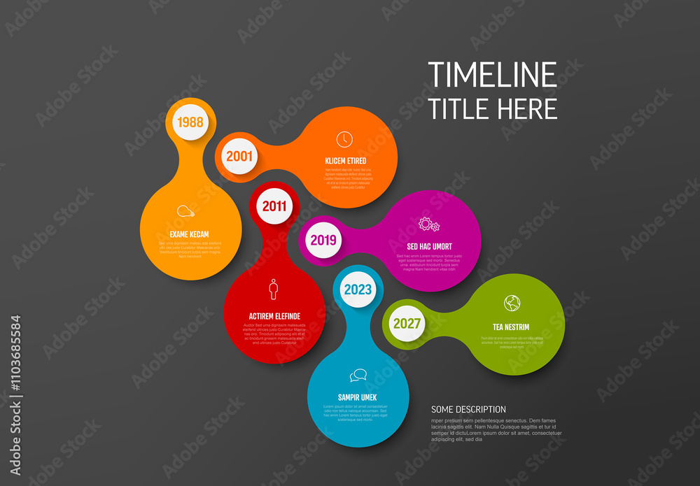 Diagonal dark timeline template with decriptions and icons in color ...