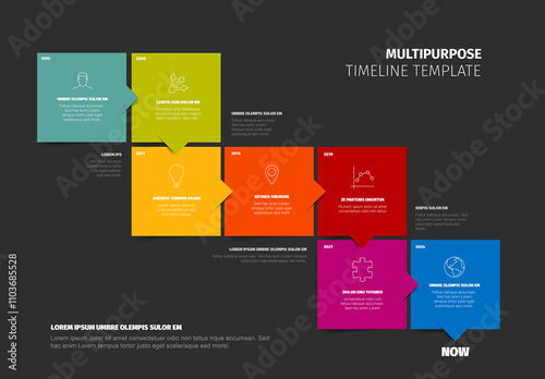 Dark Timeline template made from seven content color boxes with arrows