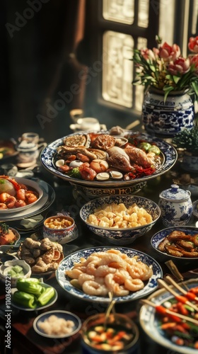 Asian food table with various types of chinese food. chinese food. Ultra realistic. Photorealistic hypermaximalist advertising photography hyper realistic fine detail